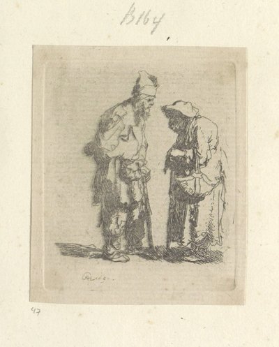 Bedelaar en bedelares in gesprek door Rembrandt van Rijn