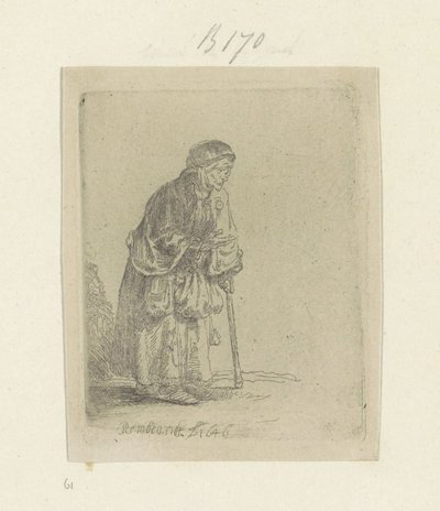 Bedelares, leunend op een stok, naar rechts door Rembrandt van Rijn