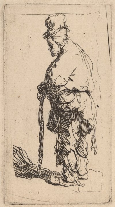Bedelaar leunend op een stok, naar links gericht door Rembrandt van Rijn