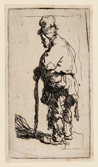 Bedelaar Leunend op een Stok, Naar Links Gekeerd door Rembrandt van Rijn