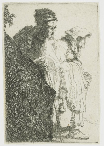 Bedelaar man en vrouw achter een bank door Rembrandt van Rijn