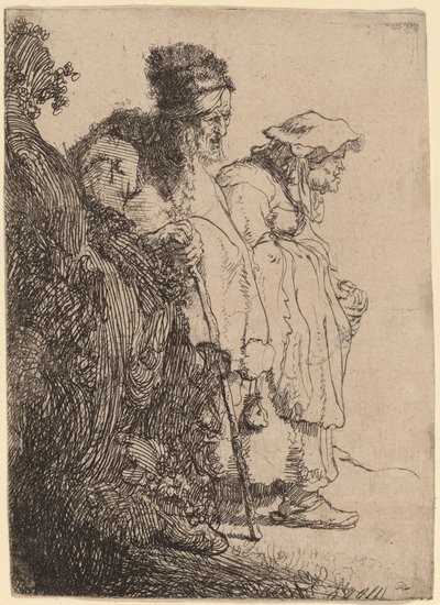 Bedelaar man en vrouw achter een bank door Rembrandt van Rijn