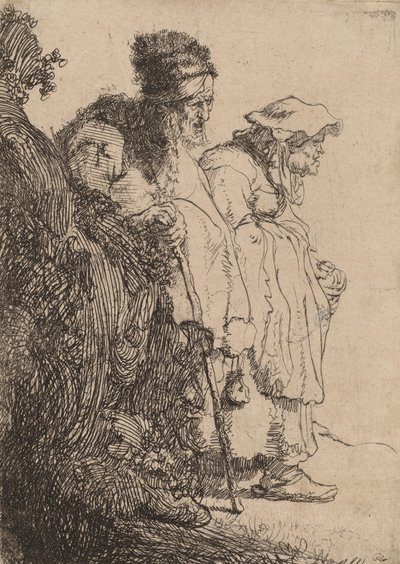 Bedelman en vrouw achter een bank, c. 1630 door Rembrandt van Rijn