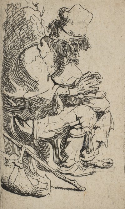 Bedelaar zittend zijn handen verwarmend aan een vuurpot, ca. 1630 door Rembrandt van Rijn