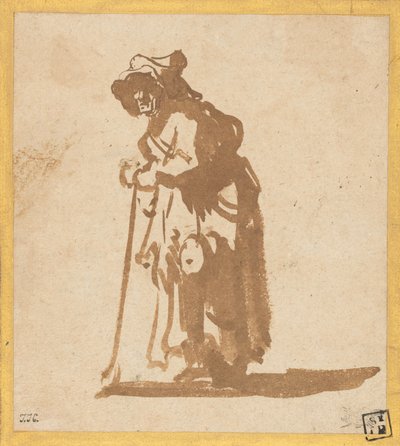Bedelvrouw Leunend op een Stok door Rembrandt van Rijn