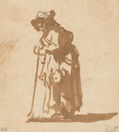 Bedelvrouw leunend op een stok door Rembrandt van Rijn