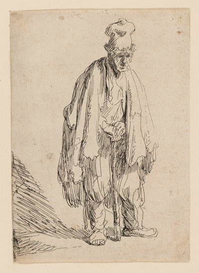 Bedelaar met een hoge muts, staand en leunend op een stok door Rembrandt van Rijn