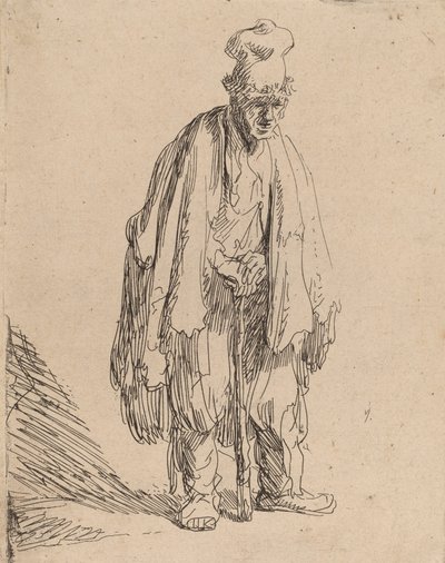 Bedelaar met een hoge muts, staand en leunend op een stok, ca. 1630 door Rembrandt van Rijn