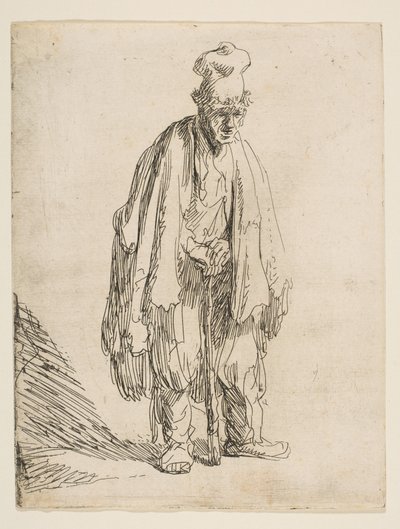 Bedelaar met een Hoge Hoed, Staand en Leunend op een Stok, ca. 1629 door Rembrandt van Rijn