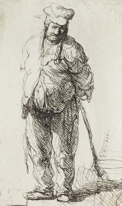 Bedelaar leunend op een stok door Rembrandt van Rijn