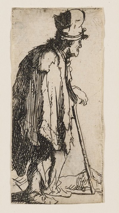 Bedelaar met een verlamde hand, leunend op een stok door Rembrandt van Rijn