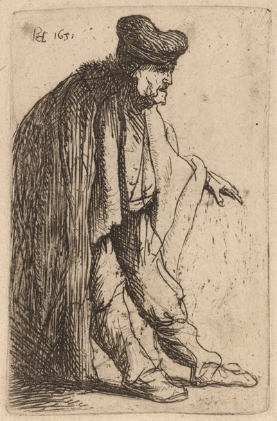 Bedelaar met zijn linkerhand uitgestrekt door Rembrandt van Rijn