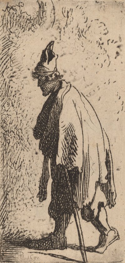 Bedelaar met een Stok, Lopend naar Links door Rembrandt van Rijn