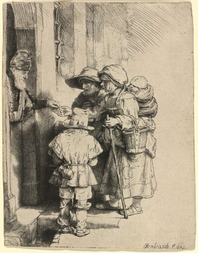 Bedelaars ontvangen aalmoezen bij de deur van een huis door Rembrandt van Rijn