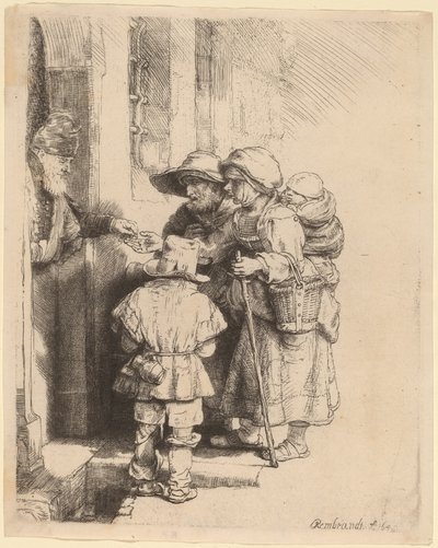 Bedelaars Ontvangen Aalmoezen bij de Deur van een Huis door Rembrandt van Rijn