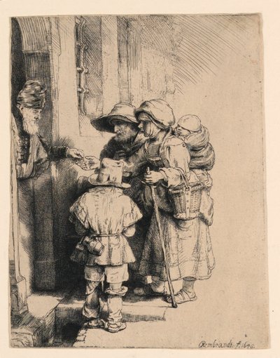 Bedelaars ontvangen aalmoezen aan de deur van een huis door Rembrandt van Rijn