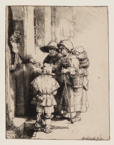 Bedelaars die aalmoezen ontvangen bij de deur van een huis door Rembrandt van Rijn