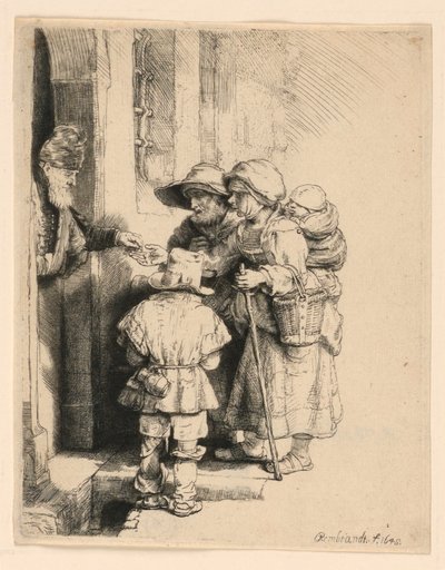 Bedelaars ontvangen aalmoezen aan de deur van een huis door Rembrandt van Rijn