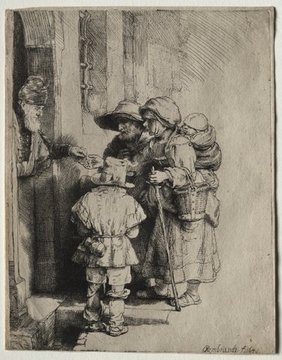 Bedelaars ontvangen aalmoezen bij de deur van een huis door Rembrandt van Rijn