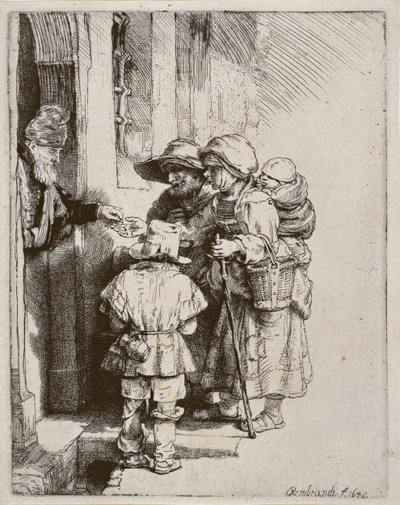 Bedelaars ontvangen aalmoezen aan de deur van een huis, 1648 door Rembrandt van Rijn