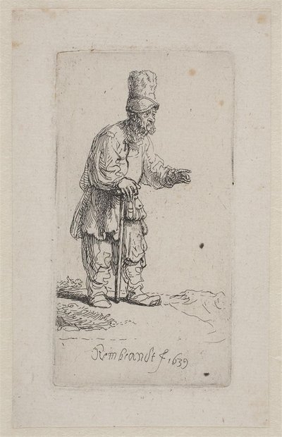 Boer leunend op een stok door Rembrandt van Rijn