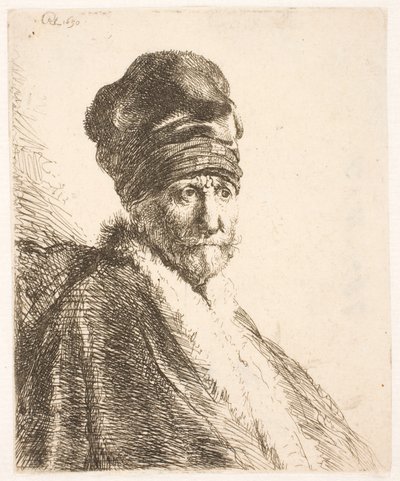 Buste van een man (Rembrandts vader) met een hoge muts, driekwartprofiel door Rembrandt van Rijn