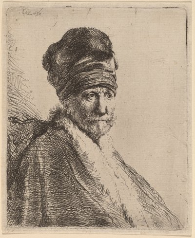 Borstbeeld van een Man met een Hoge Muts, Driekwart Rechts (De Vader van de Kunstenaar?) door Rembrandt van Rijn