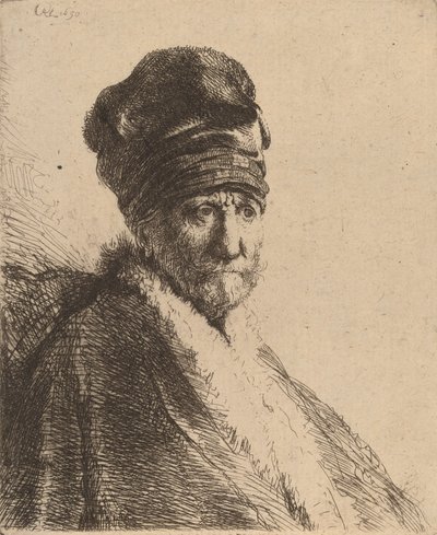 Buste van een man met een hoge hoed, drie kwart rechts (de vader van de kunstenaar) door Rembrandt van Rijn