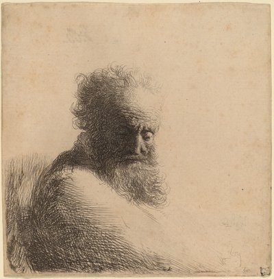 Buste van een oude bebaarde man, naar beneden kijkend, driekwart rechts door Rembrandt van Rijn