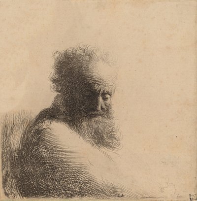 Buste van een oude bebaarde man, naar beneden kijkend, driekwart rechts door Rembrandt van Rijn