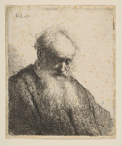 Buste van een oude man met vloeiende baard: het hoofd driekwart naar rechts door Rembrandt van Rijn