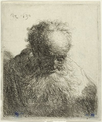 Buste van een oude man met een vloeiende baard: Het hoofd naar voren gebogen: Linkerschouder ongeschaduwd door Rembrandt van Rijn
