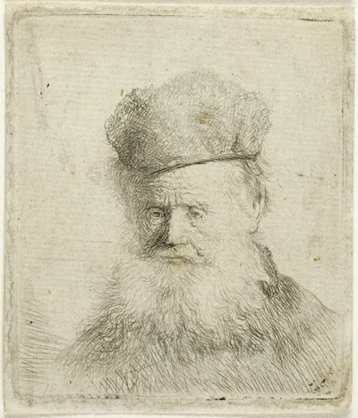 Buste van een oude man met een bontmuts en vloeiende baard, bijna volledig gezicht door Rembrandt van Rijn