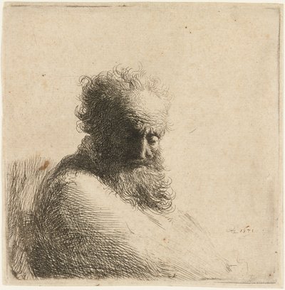 Buste van een oude bebaarde man, naar beneden kijkend, driekwart rechts, 1631 door Rembrandt van Rijn