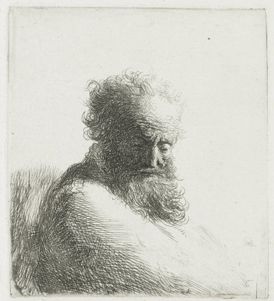 Buste van een oude bebaarde man, kijkend naar beneden, driekwart rechts door Rembrandt van Rijn