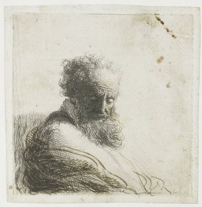 Buste van een oude bebaarde man, naar beneden kijkend, driekwart rechts door Rembrandt van Rijn