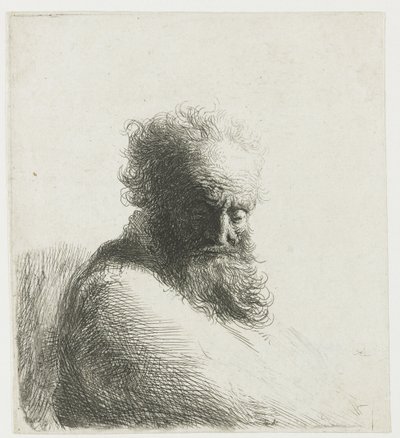 Buste van een oude bebaarde man, naar beneden kijkend, driekwart rechts door Rembrandt van Rijn