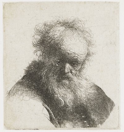 Buste van een oude man met vloeiende baard en witte mouw door Rembrandt van Rijn