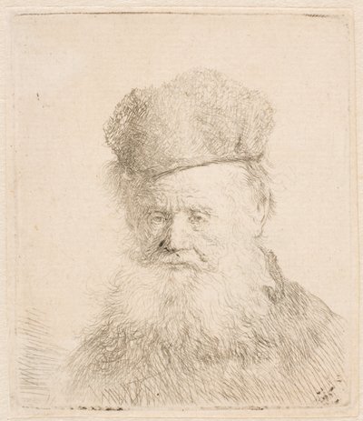 Buste van een oude man met een bontmuts en een weelderige baard: bijna in vooraanzicht: blik recht vooruit door Rembrandt van Rijn