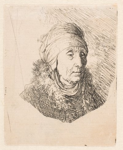 Buste van een oude vrouw met een hoge hoofdtooi die onder de kin is vastgebonden door Rembrandt van Rijn