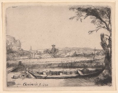 Kanaal met een grote boot en een brug door Rembrandt van Rijn