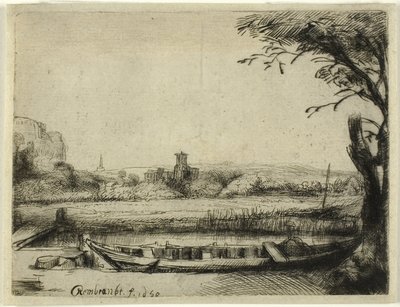Kanaal met een grote boot en een brug door Rembrandt van Rijn