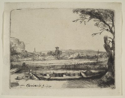 Kanaal met een Grote Boot en een Brug door Rembrandt van Rijn
