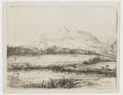 Kanaal met een visser en twee zwanen door Rembrandt van Rijn