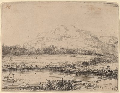 Kanaal met een Visser en Twee Zwanen door Rembrandt van Rijn