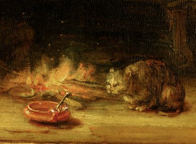 Kat, detail van Heilige Familie met een gordijn (detail) door Rembrandt van Rijn