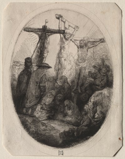 Christus Gekruisigd Tussen Twee Dieven: Een Ovale Plaat door Rembrandt van Rijn