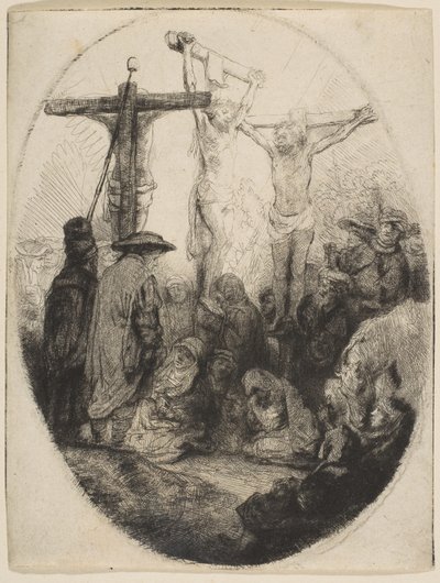 Christus Gekruisigd Tussen Twee Dieven, ovale plaat, ca. 1641 door Rembrandt van Rijn