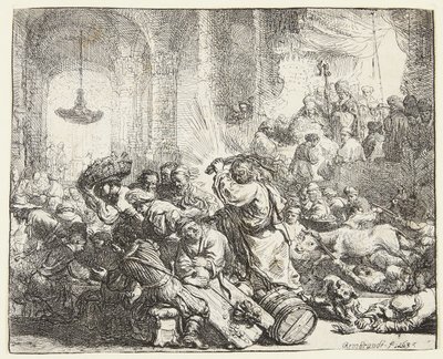 Christus verdrijft de geldwisselaars (B.69; BB. 35-Bii) door Rembrandt van Rijn