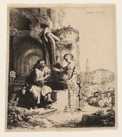 Christus en de vrouw van Samaria tussen ruïnes door Rembrandt van Rijn
